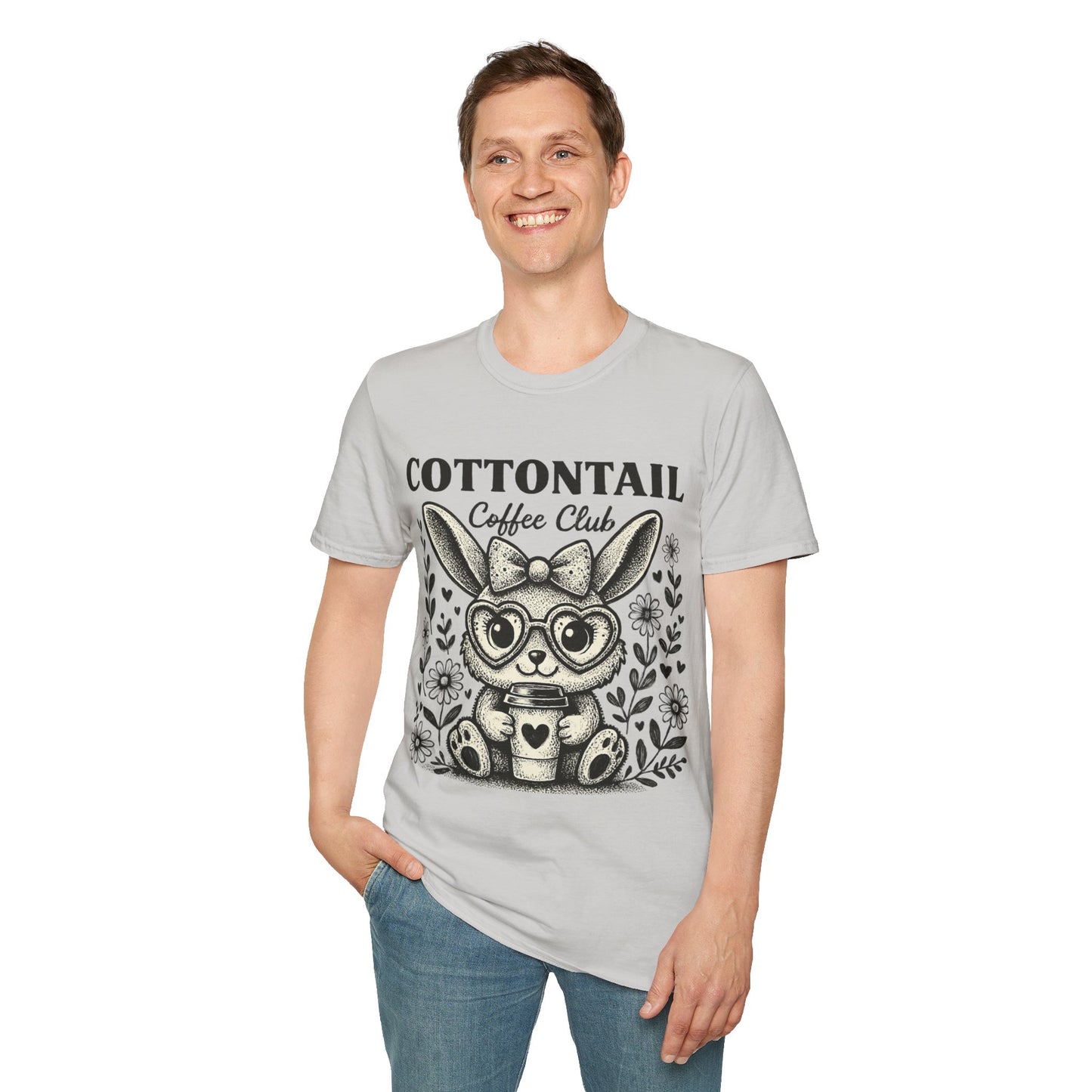 Cottontail - Monochrome Bunny With Coffee And Flowers T-Shirt