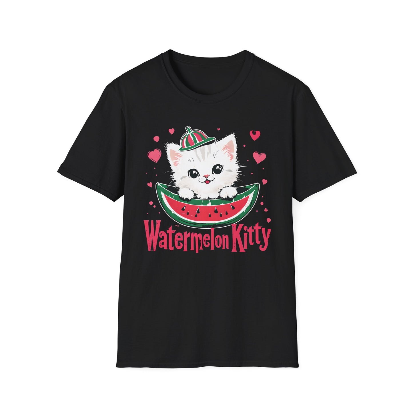 Watermelom Kitty - White Kitten in Watermelon Boat with Hearts  T-Shirt