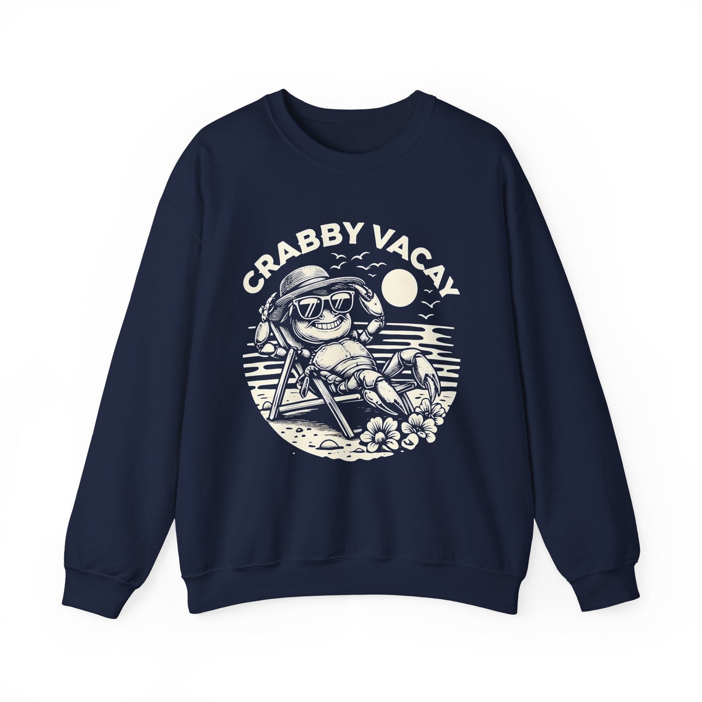 Crabby Vacay - Playful Monochrome Happy Crab Wearing Sunglasses in Tropical Scene Sweatshirt