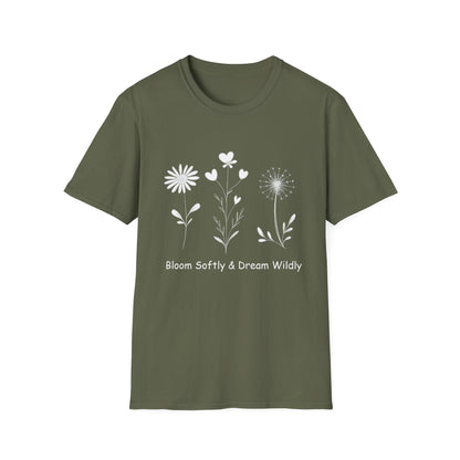 Bloom Softly Dream Widely T-Shirt - Minimalistic Flowers Outline - Botanical Line Art Design