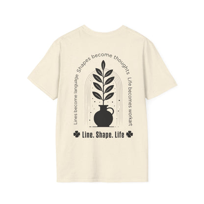 Line Shape Life T-Shirt - Stylized Plant Typography Front And Back Design