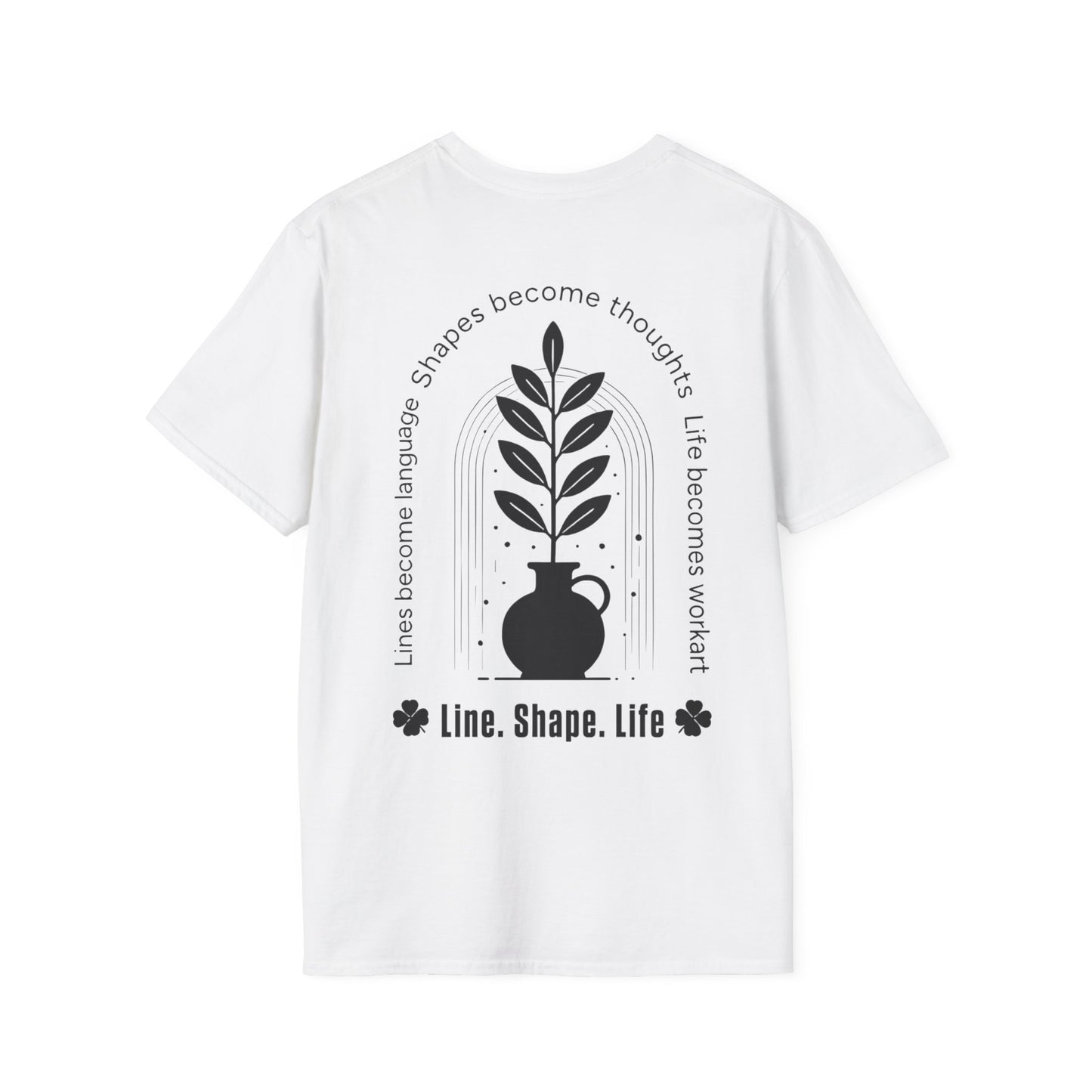 Line Shape Life T-Shirt - Stylized Plant Typography Front And Back Design