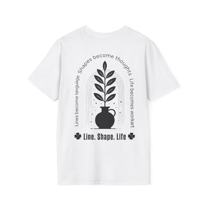 Line Shape Life T-Shirt - Stylized Plant Typography Front And Back Design