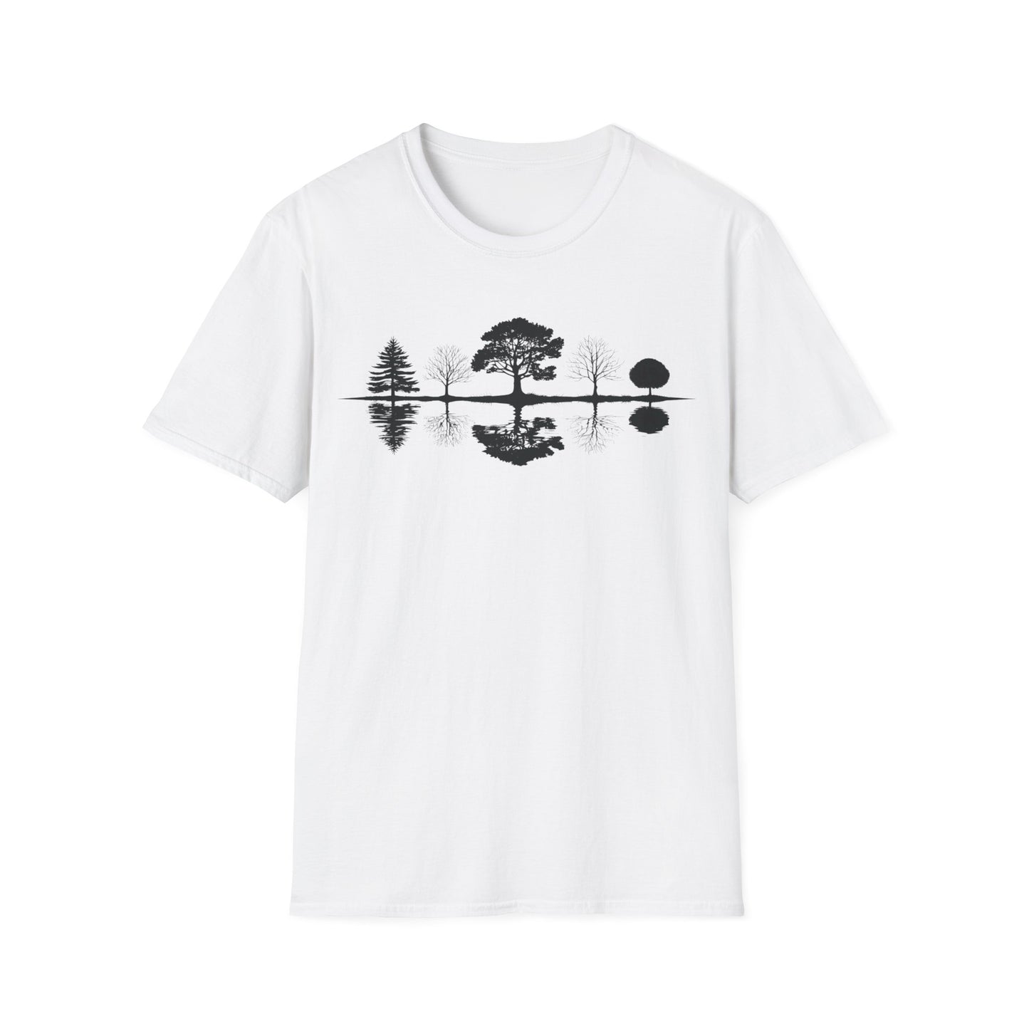 Monochrome Silhouette Trees With Reflection In Water T-Shirt