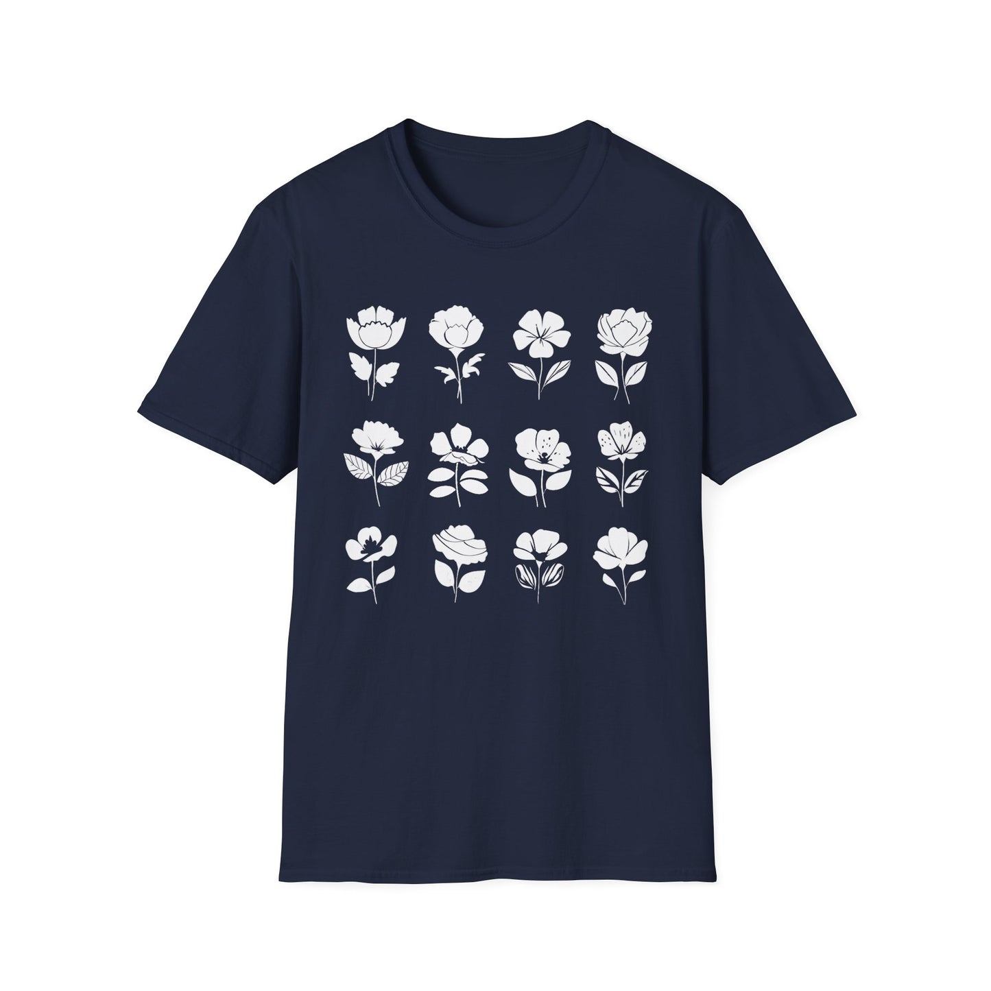 Monochrome Silhouette Grid Flowers T-Shirt