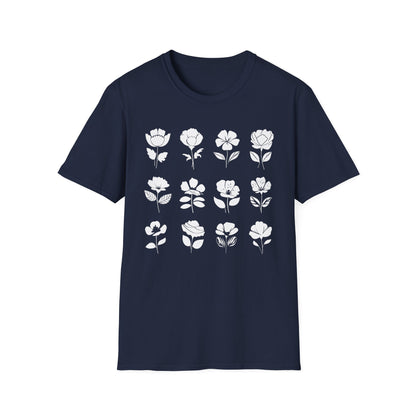 Monochrome Silhouette Grid Flowers T-Shirt