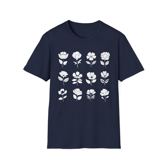Monochrome Silhouette Grid Flowers T-Shirt