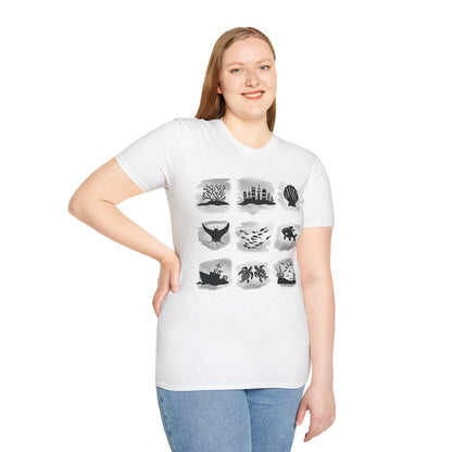 Gird of Marine Elements T-Shirt - Minimalistic silhouette with Gray Background Design