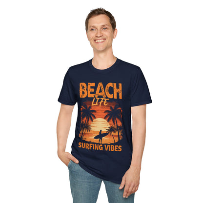 Beach Life Surfing Vibes - Vintage Beach With Silhouetted Surfer and Palm Trees T-Shirt
