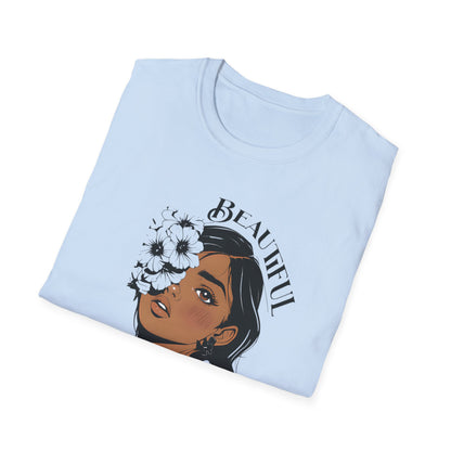 Beautiful Bold Unbothered T-Shirt – Young Woman Portrait with Bold Graphic Flowers Design