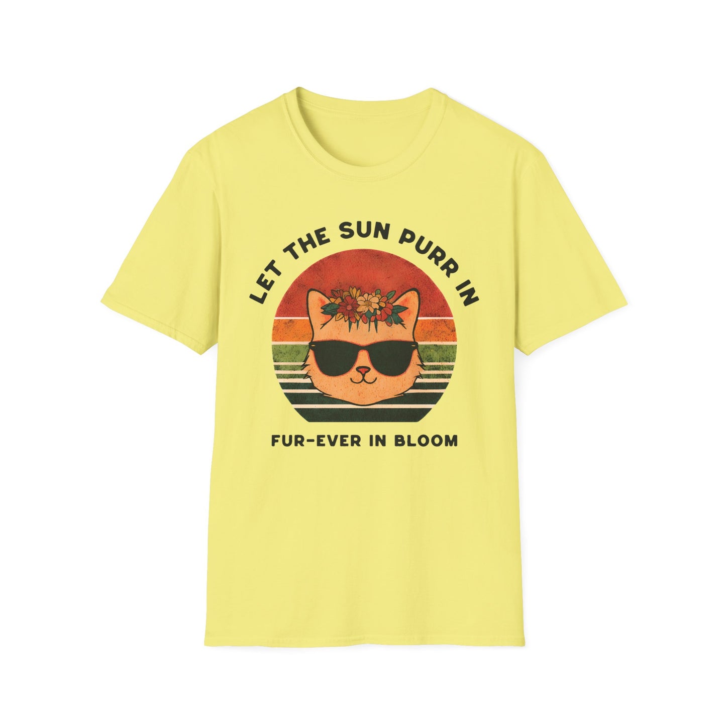 Let the Sun Purr In - Playful Vintage Sunset And A Cat in Sunglasses and Floral Crown T-Shirt