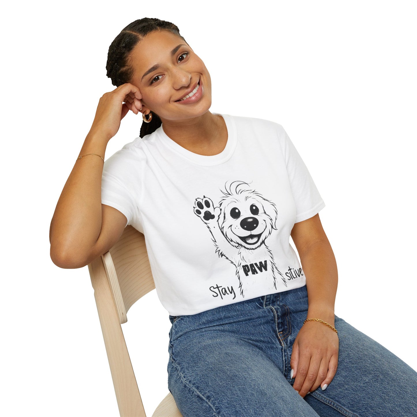 Stay Positive T-Shirt - Cartoon Playful Dog with Paw Raised High Design