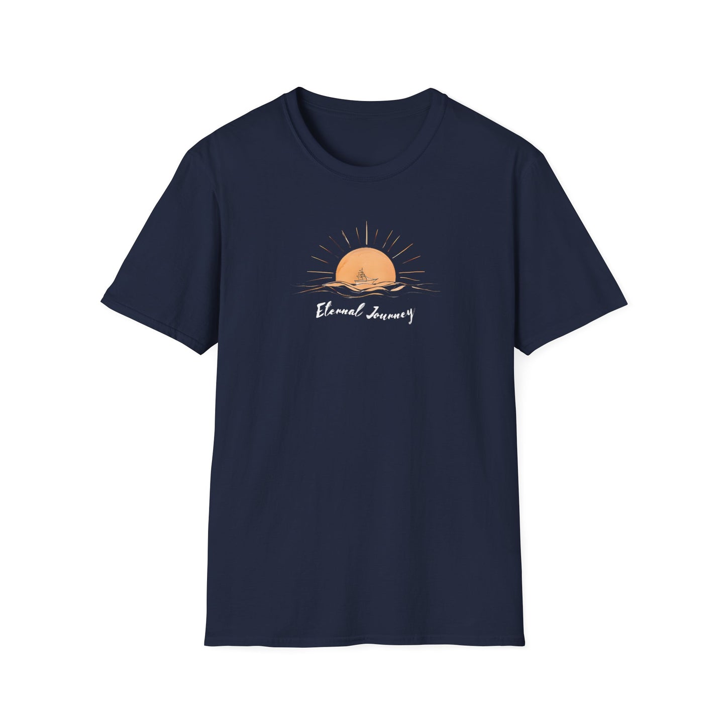 Eternal Journey T-Shirt - Minimalist Sun With Sailing Ship - Nature Scene Line Art Design