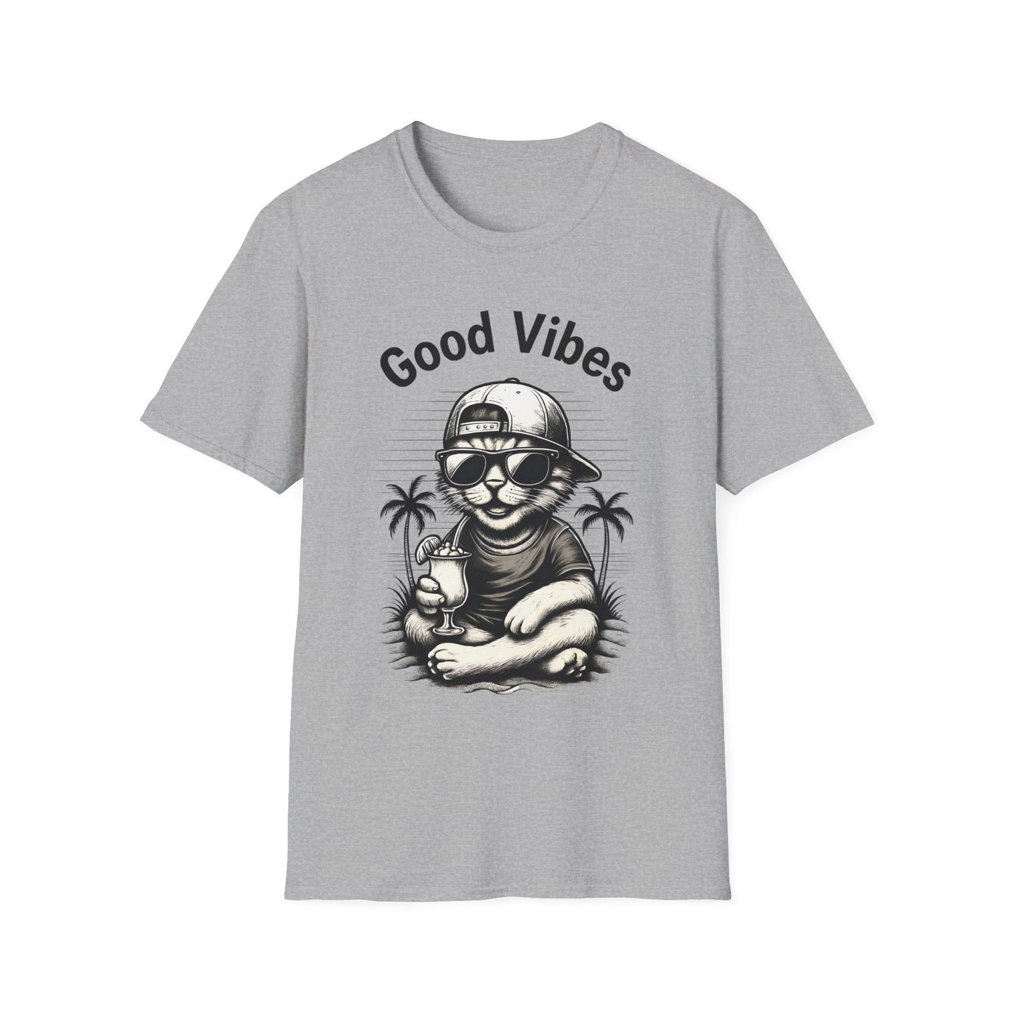 Good Vibes T-Shirt -  Cool Cat Relaxing with Tropical Drink Design