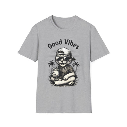 Good Vibes T-Shirt -  Cool Cat Relaxing with Tropical Drink Design