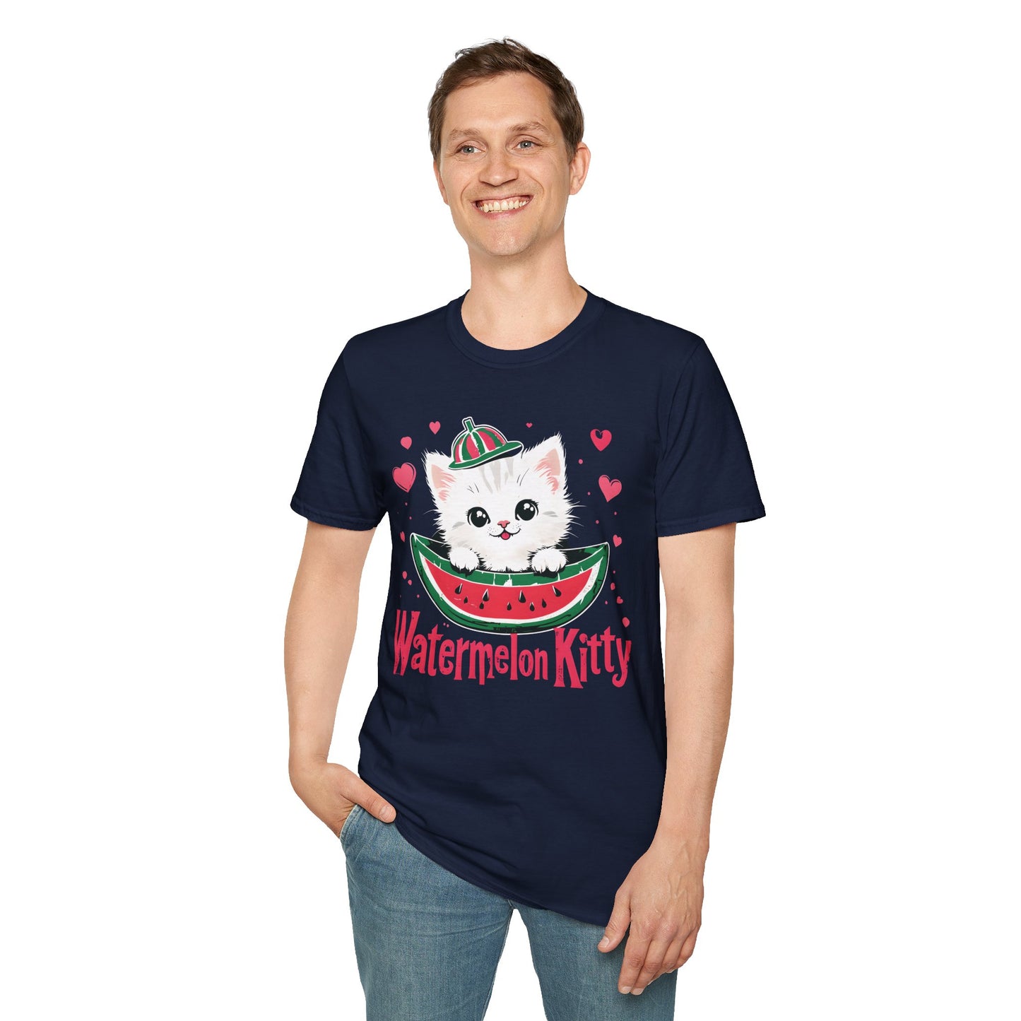 Watermelom Kitty - White Kitten in Watermelon Boat with Hearts  T-Shirt
