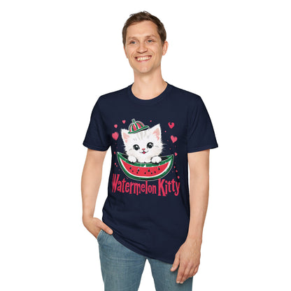 Watermelom Kitty - White Kitten in Watermelon Boat with Hearts  T-Shirt