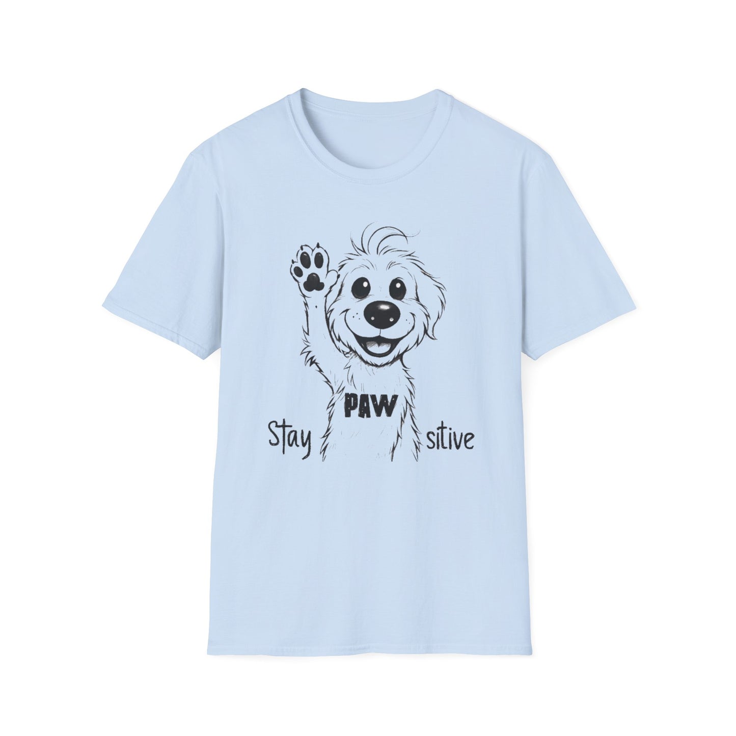 Stay Positive T-Shirt - Cartoon Playful Dog with Paw Raised High Design