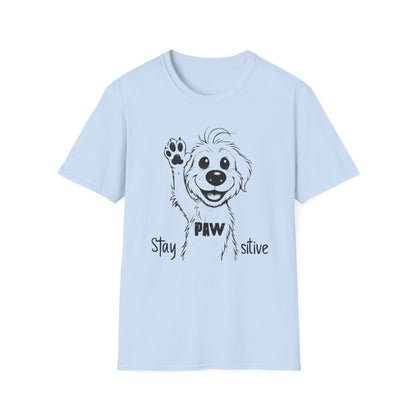 Stay Positive T-Shirt - Cartoon Playful Dog with Paw Raised High Design