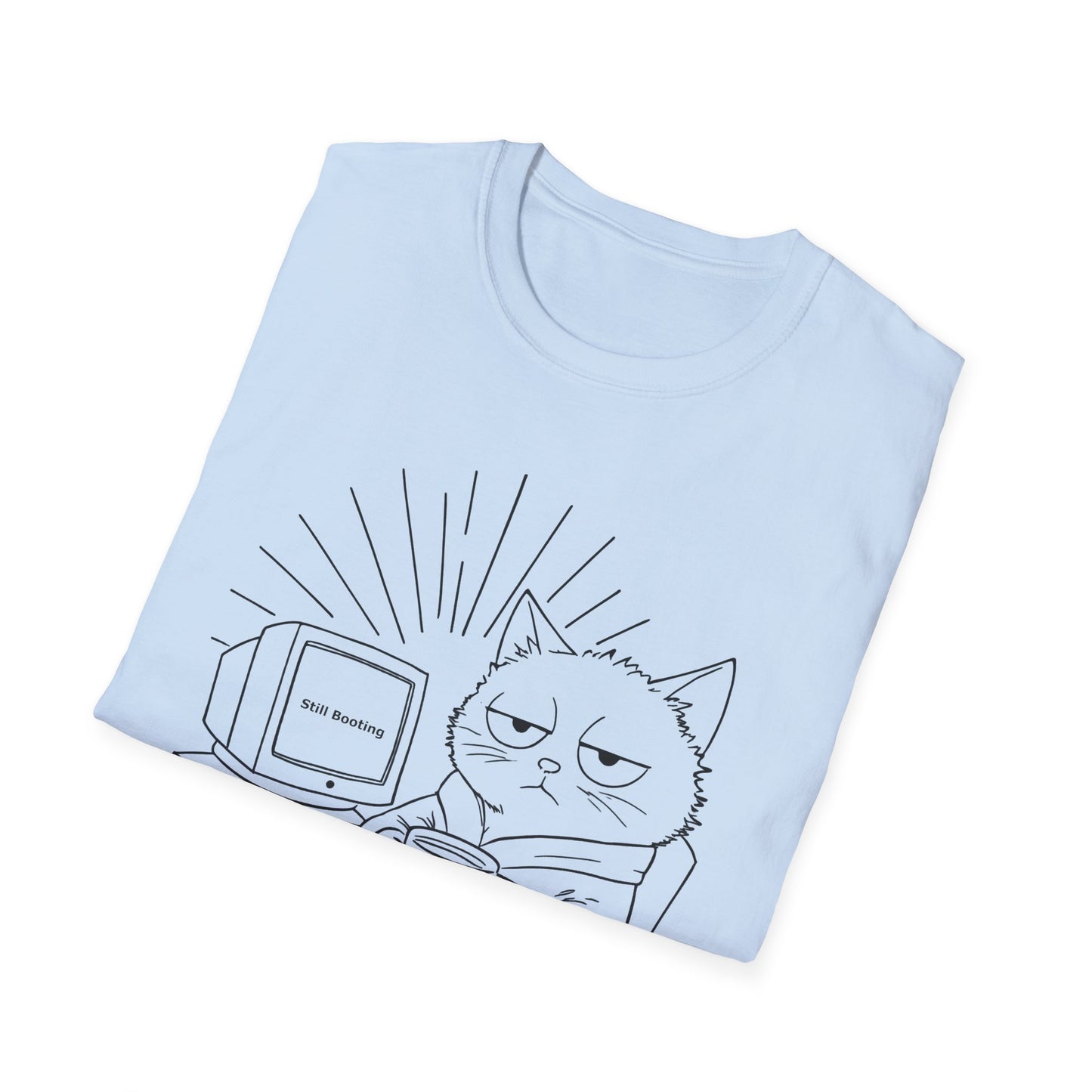 Not A Morning Cat Still Booting T-Shirt -  Sleepy Cartoon Cat in Robe with Coffee Mug and A Computer In the Morning  Design