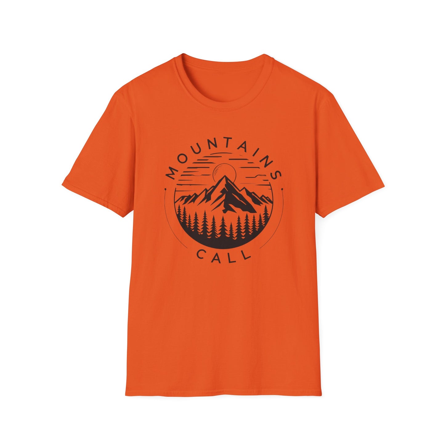 Mountains Call T-Shirt – Circular Nature Scene with Mountains, Trees & Sun Design