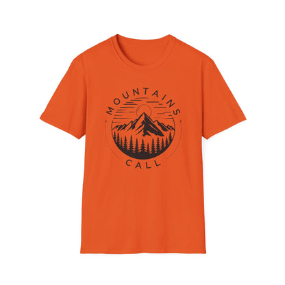 Mountains Call T-Shirt – Circular Nature Scene with Mountains, Trees & Sun Design