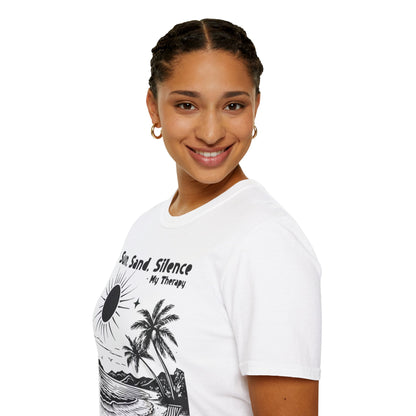 Sun Sand Silence My Therapy - Monochrome Beach Landscape T-Shirt
