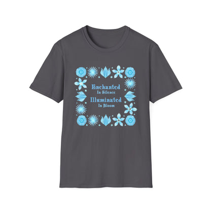 Enchanted in Silence, Illuminated in Bloom T-Shirt -Glowing Blue Floral Frame