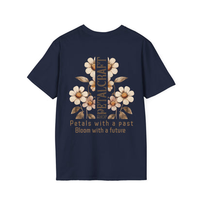 Petalcraft Shop Petals with a past Bloom with a future T-Shirt – Metal Style Floral Typography Front and Back Design