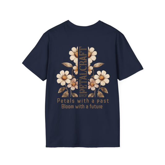 Petalcraft Shop Petals with a past Bloom with a future T-Shirt – Metal Style Floral Typography Front and Back Design