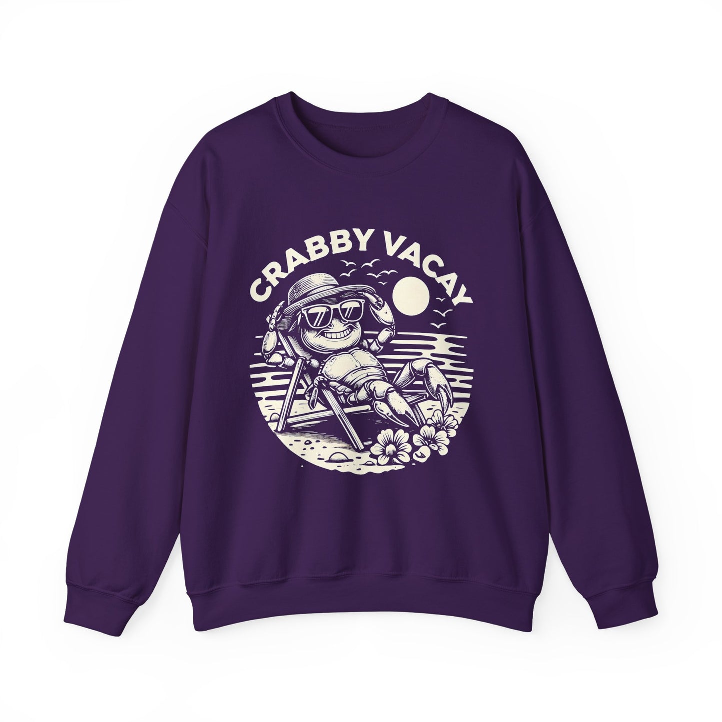 Crabby Vacay - Playful Monochrome Happy Crab Wearing Sunglasses in Tropical Scene Sweatshirt