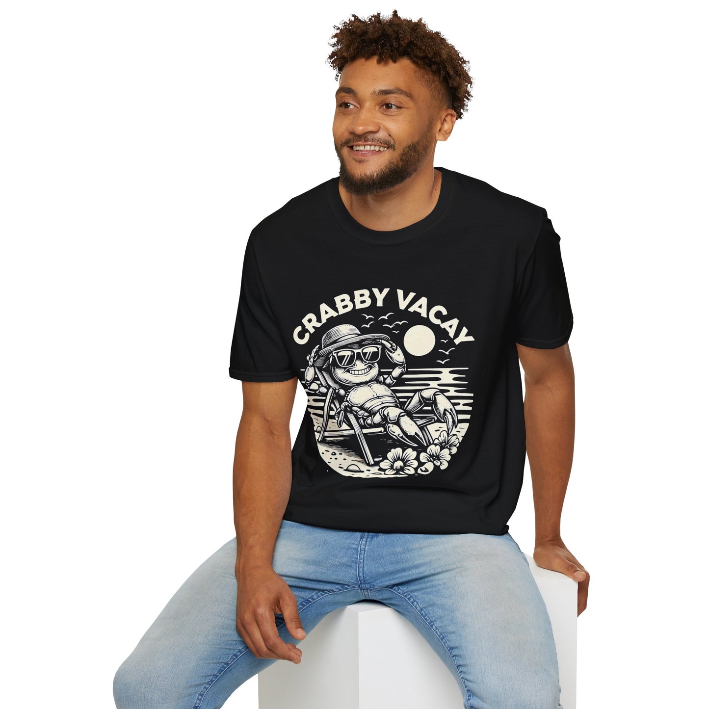 Crabby Vacay - Playful Monochrome Happy Crab Wearing Sunglasses in Tropical Scene T-Shirt