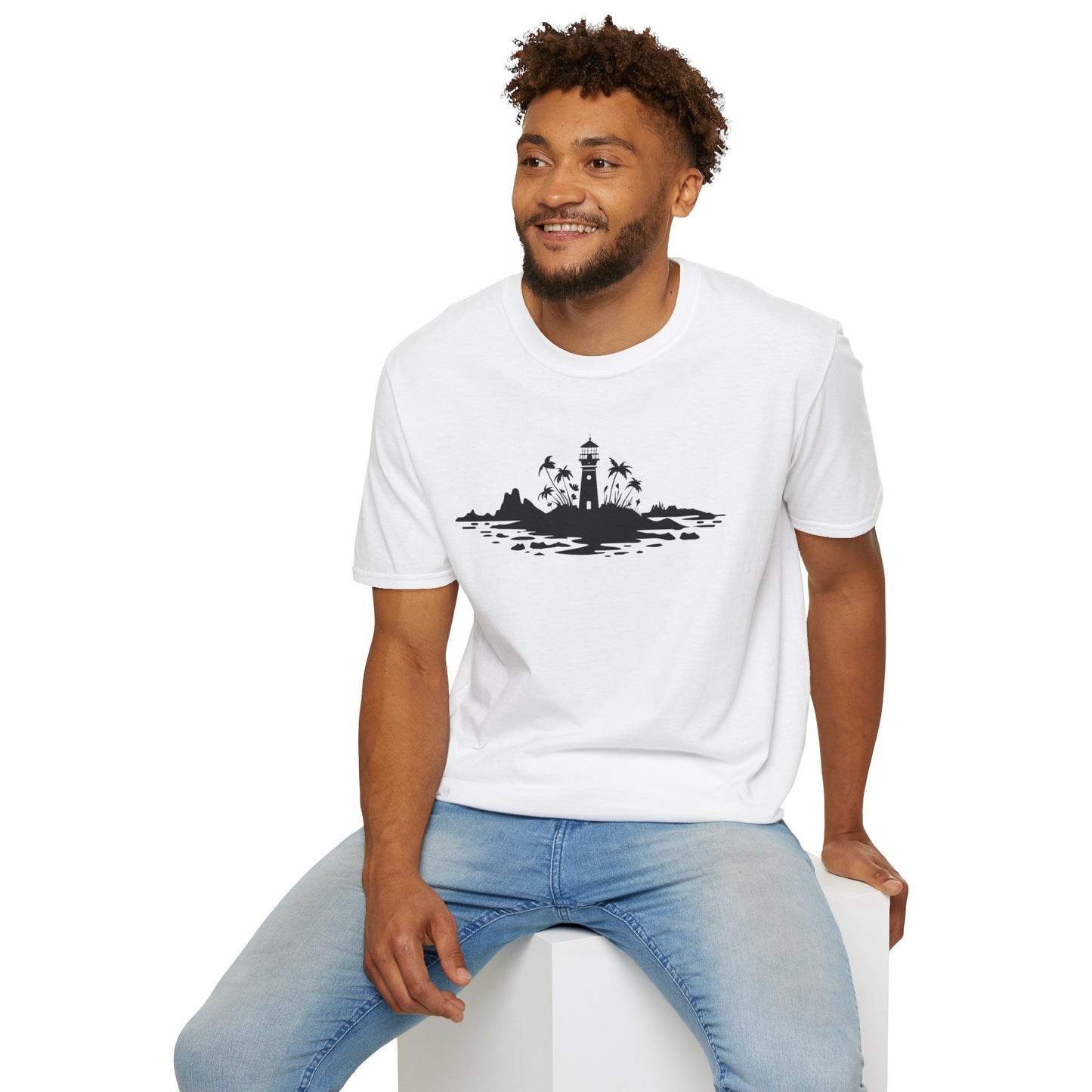 Minimalistic Silhouette Lighthouse, Island, Palms and Florals T-Shirt