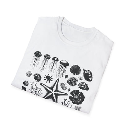 Monochrome Silhouette Grid Marine Creatures T-Shirt