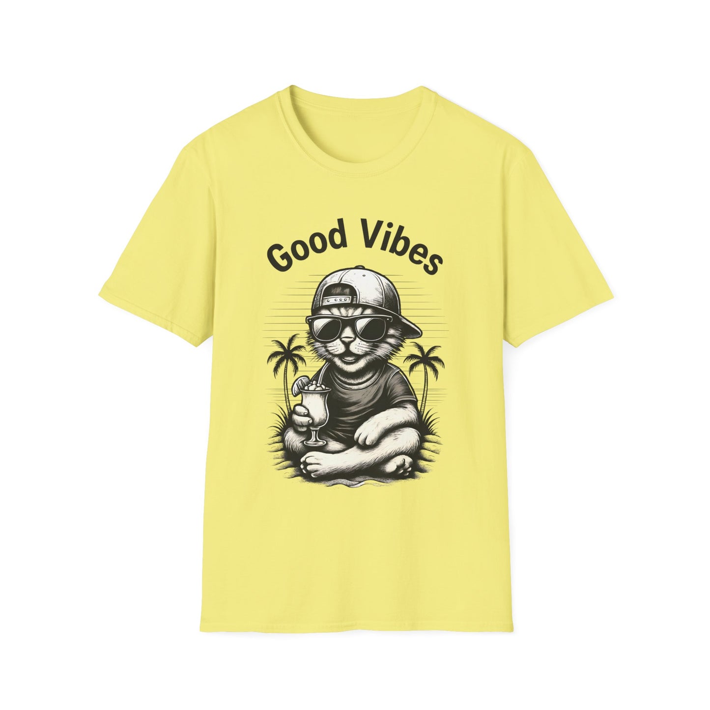 Good Vibes T-Shirt -  Cool Cat Relaxing with Tropical Drink Design