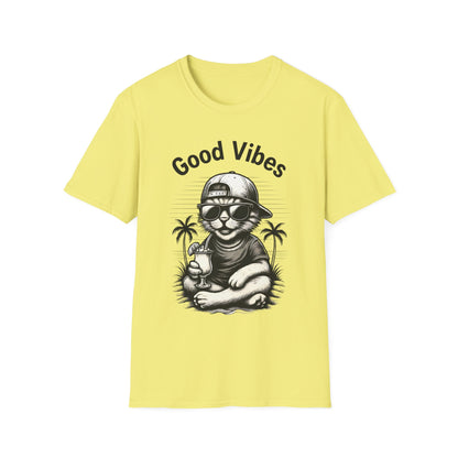 Good Vibes T-Shirt -  Cool Cat Relaxing with Tropical Drink Design