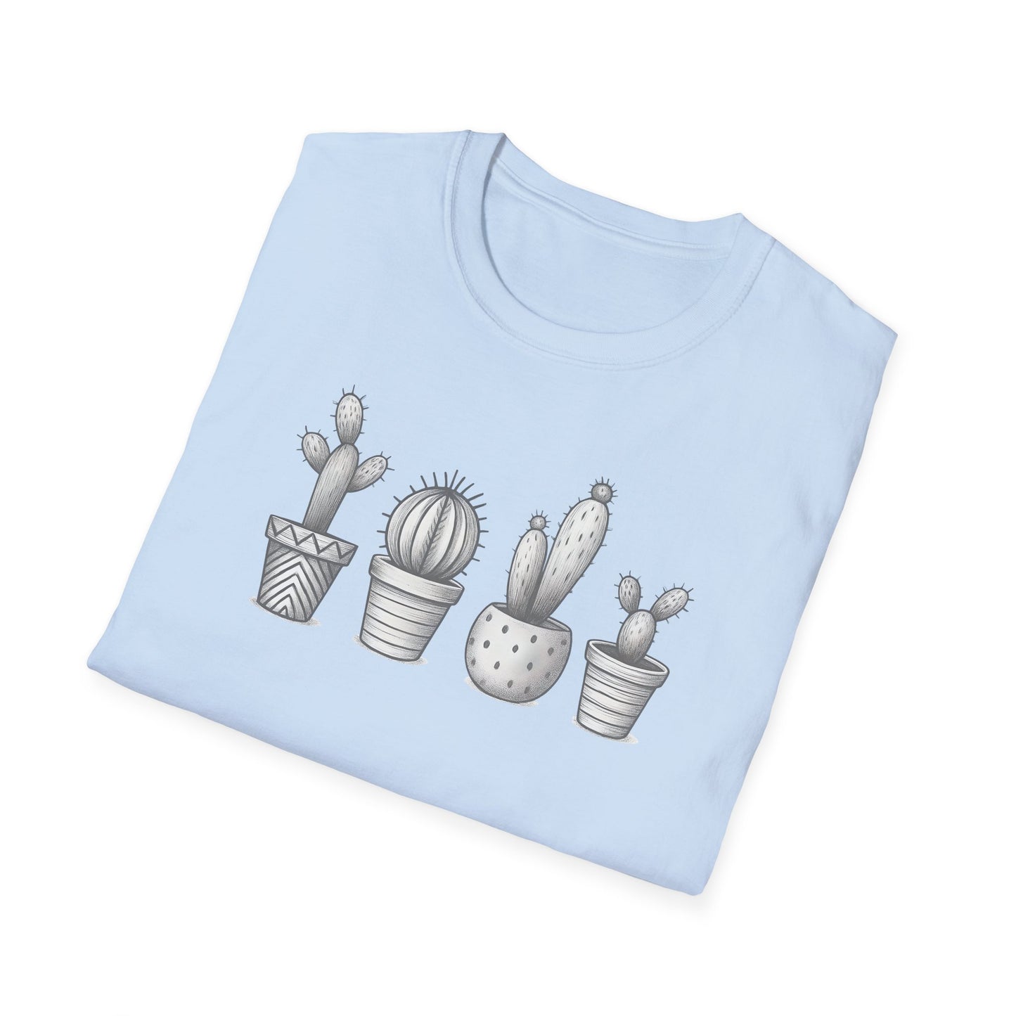 Gray Cacti In Terracotta Pots Line T-Shirt - Botanical Design