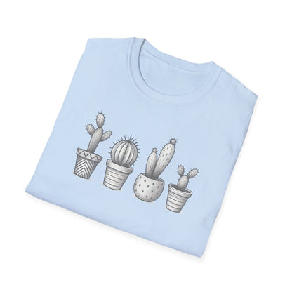 Gray Cacti In Terracotta Pots Line T-Shirt - Botanical Design