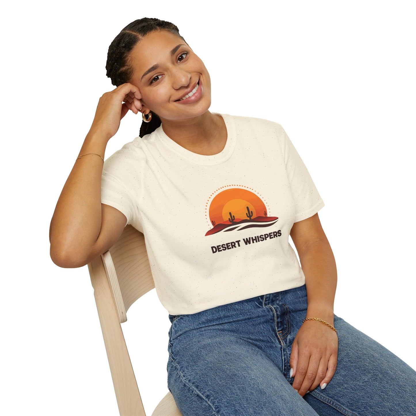 Desert Whispers T-Shirt – Nature Scene with Sunset, Cactus, and Sand Design