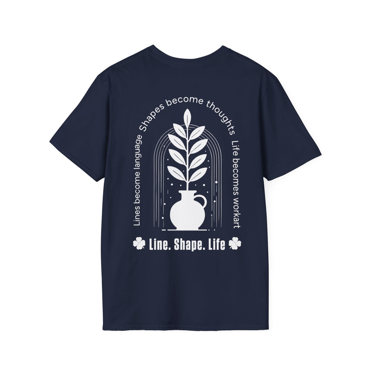 Line Shape Life T-Shirt - Stylized Plant Typography Front And Back Design