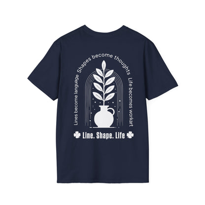 Line Shape Life T-Shirt - Stylized Plant Typography Front And Back Design