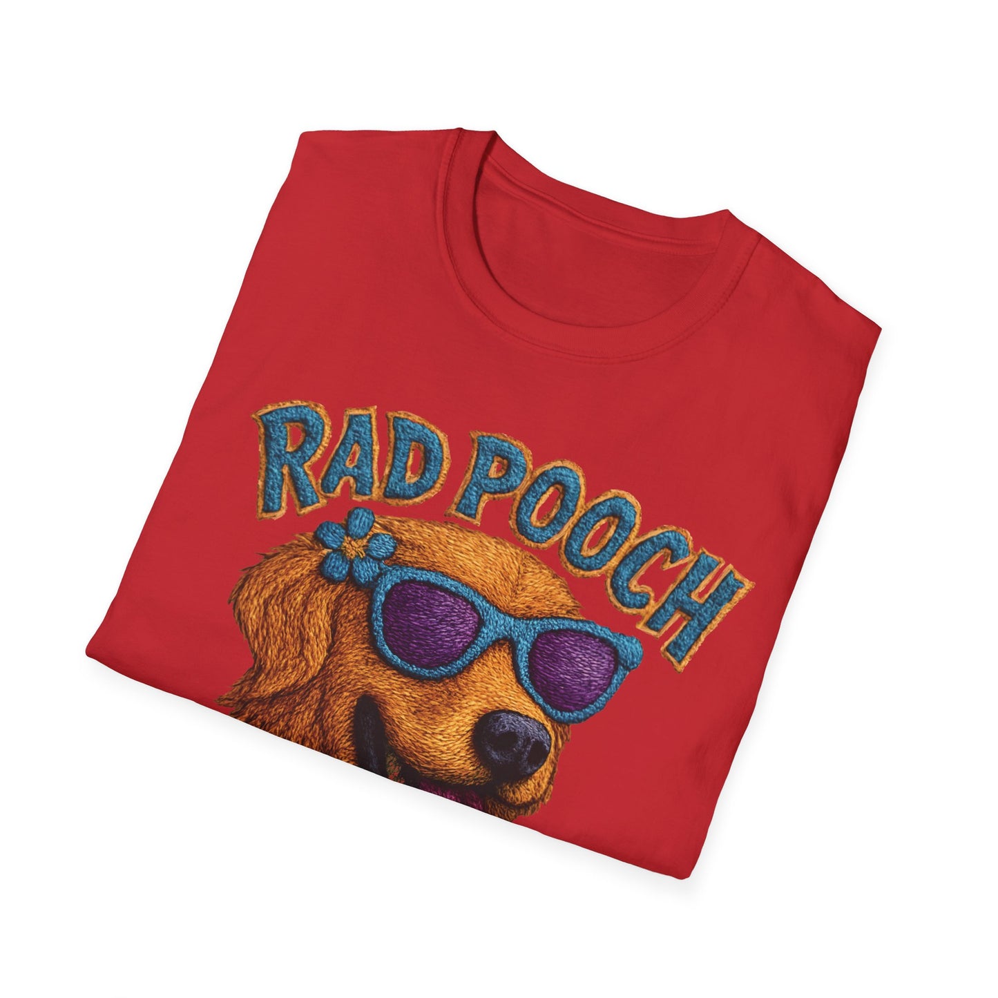 Rad Pooch – Embroidery-Like Style Cartoon Golden Retriever Dog With Floral T-Shirt