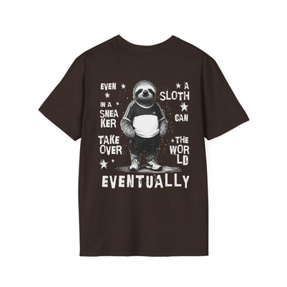 Even A Sloth In A Sneaker Can Takeover The World Eventually - Monochrome Sloth Distressed Front and Back Design T-Shirt