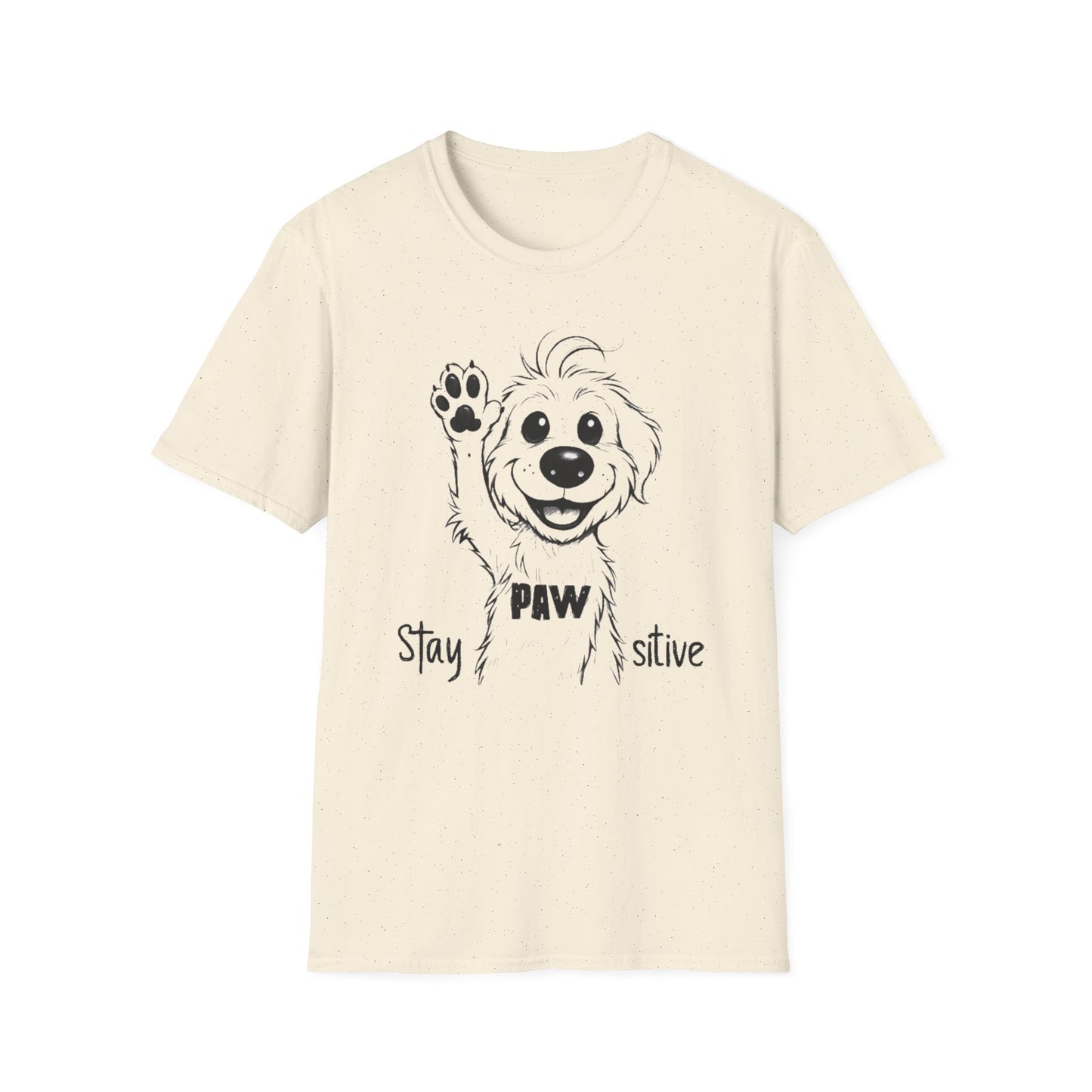 Stay Positive T-Shirt - Cartoon Playful Dog with Paw Raised High Design