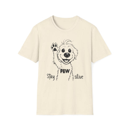 Stay Positive T-Shirt - Cartoon Playful Dog with Paw Raised High Design