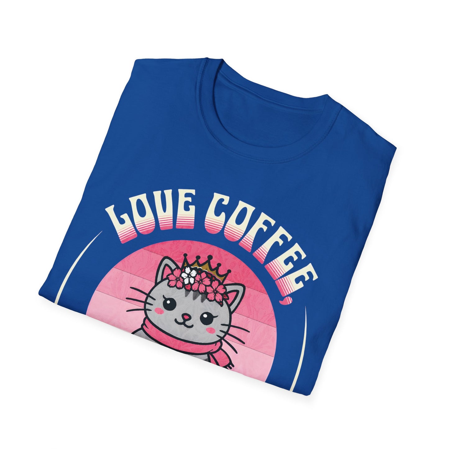 Love Coffee, Flowers and Sunset T-Shirt - Cute Cartoon Cat with Coffee Mug and Floral Crown Pink Sunset Design