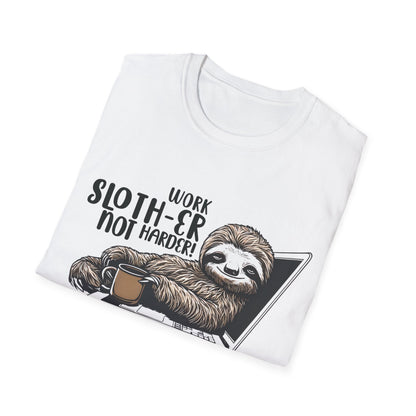 Work Slother Not Harder! - Playful Relaxed Sloth Reclining On Laptop With Coffee Mug T-Shirt