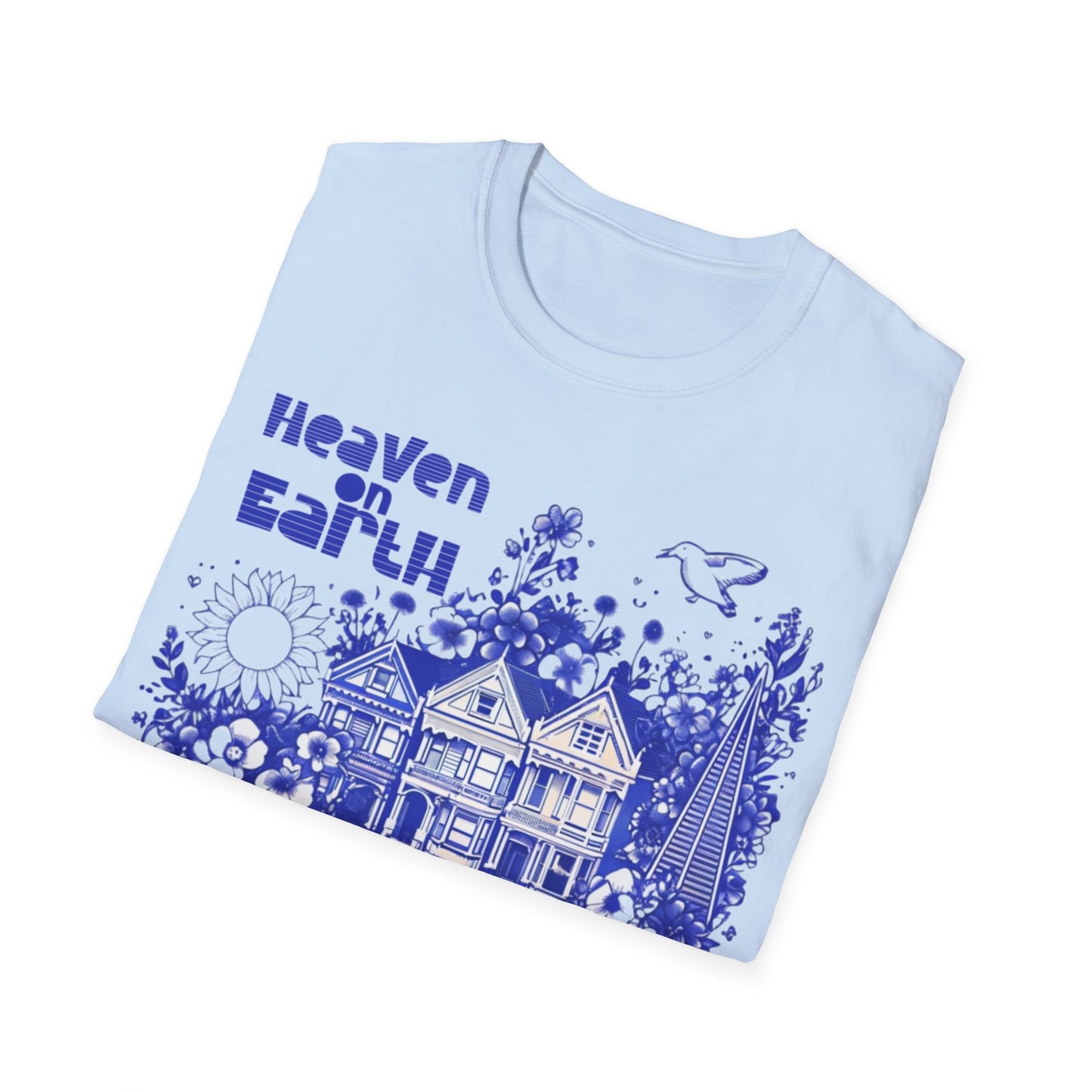 Heaven on Earth - Monochrome Blue Victorian House and Flowers T-Shirt
