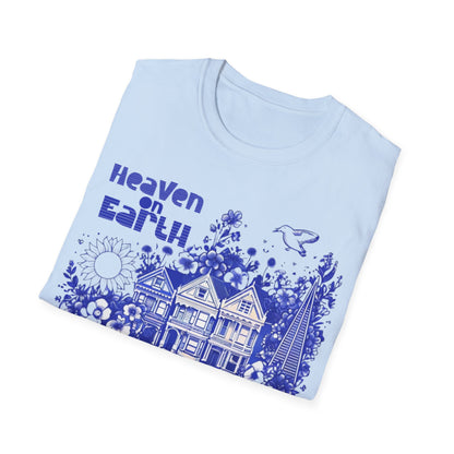 Heaven on Earth - Monochrome Blue Victorian House and Flowers T-Shirt