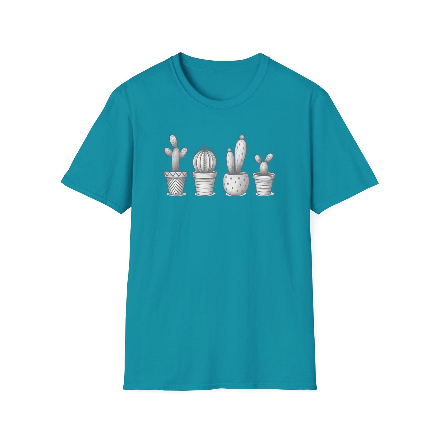 Gray Cacti In Terracotta Pots Line T-Shirt - Botanical Design